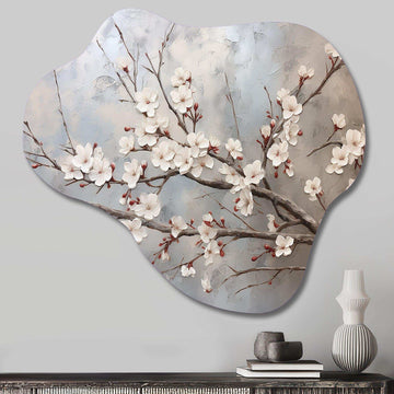 Minimalism Grey And Beige Cherry Blossom I - Asymmetric Metal Wall Art